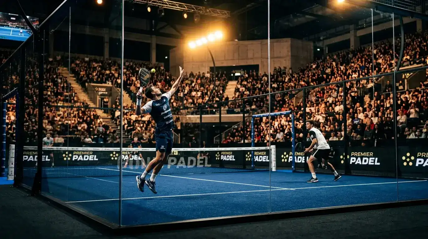 Pista de pádel profesional durante un torneo Premier Padel con grada llena de espectadores